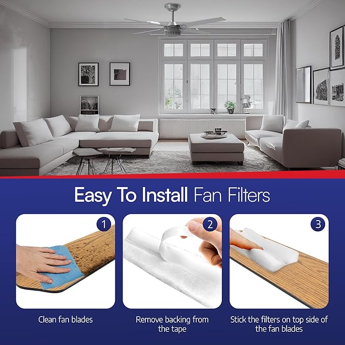 BioStrike Ceiling Fan Air Filters for Blades - Dust & Allergen Catcher - Peel & Stick, Universal Fit - Fan Blade Filter Air Purifier Pads - Made in USA - 1 Pack (Includes 2 Filters)