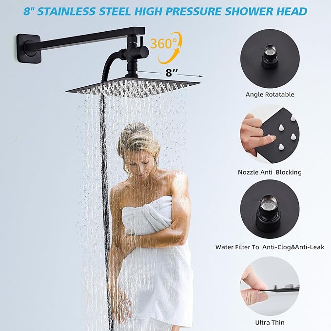 Shower Head Combo Matte Black, 8 Inch Rain Shower Head with Handheld 5 Spray Modes High Pressure Rainfall Shower Heads System, 15 Inch Shower Adjustable Extension Arm
