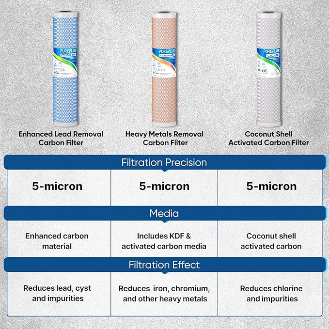 PUREPLUS 5 Micron 20" x 4.5" Whole House Activated Carbon Water Filter, Enhanced Lead Removal Carbon Replacement Cartridge, Compatible with FC25B, EPM-20BB, CB-BB-20, 155783-43, CTO20BB-CQB, 2 PACK