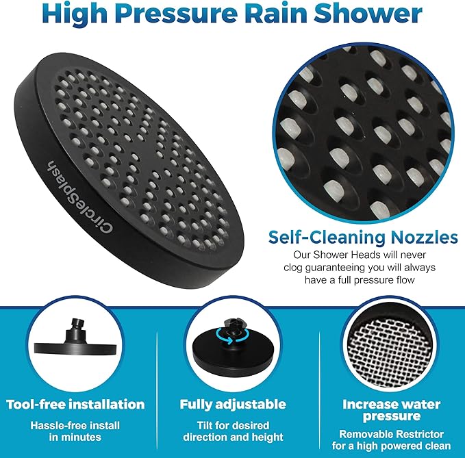 High Pressure Shower Head - Anti-Clogging Silicone Nozzles - 2.5 GPM Removable Restrictor - Easy to Clean Adjustable Replacement - easy to install with Plumbers Tape - 6 inch - Matte Black Finish