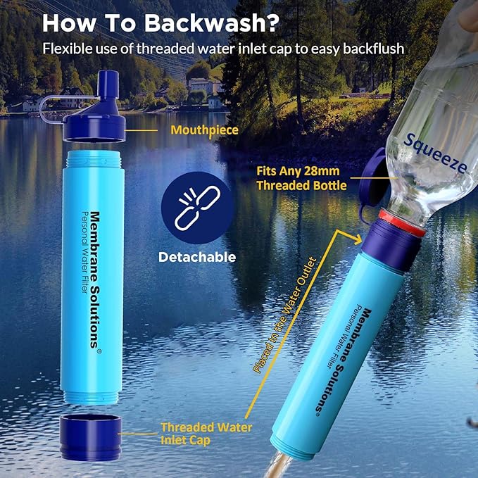 Membrane Solutions Straw Water Filter S1, NSF/ANSI 42&372&401 certificated, Survival Filtration Portable Gear, Emergency Preparedness, Supply for Drinking Hiking Camping Team Family Outing