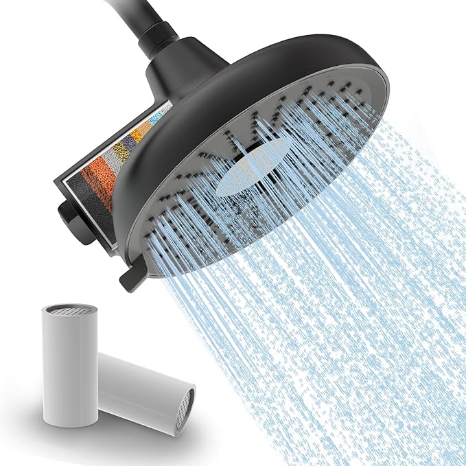 Filtered Shower Head High Pressure 8 Inch with Removable Chlorine Filter - Hard Water Rain Showerhead for Bathroom, Soft Skin & Hair Care - Fixed Wall Mount,3 Rainfall Spray Modes,Matte Black