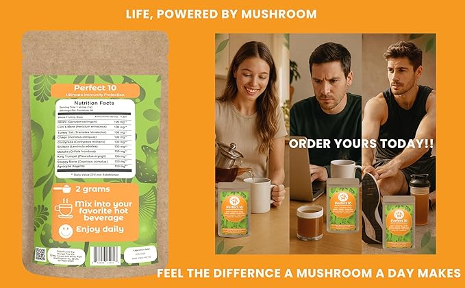 Hongo Mushroom Power - Perfect 10 Mushroom Complex Powder - Lions Mane, Reishi, Cordyceps, Chaga, Turkey Tail, Maitake Supplements - for Immunity, Energy, Memory & Focus - (60 Servings)