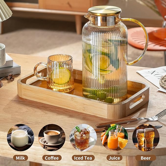 Glass Pitcher with Lid, 84oz/2.5 Liter Amber Classic Vertical Stripes Water Pitcher,Glass Water Carafe for Cold Brew, Coffee, Lemonade, Iced Sun Tea,Beverage, Milk, Heat Resistant