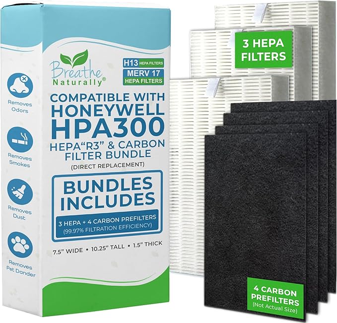 Breathe Naturally "R" Replacement Filters Compatible with Honeywell Air Purifier HPA300 or or HRF-R3 Series - Activated Carbon Prefilter - 14"x17.2"x0.2" (3 HEPA Filters + 4 Carbon Prefilters)