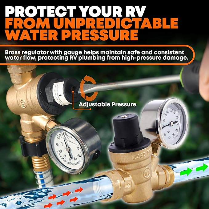 RV Fresh Water Kit - RV Water Pressure Regulator, Inline Water Filter, Hose Splitter, Brass Elbow, Flexible Connector, Hose Quick Connects, Leak Repair Kit, and Carrying Case