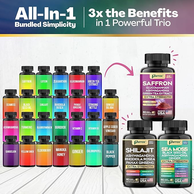 Vision Vitality Trio - Sea Moss, Black Seed Oil, Ashwagandha, Burdock Root, Saffron, Lutein, Zeaxanthin, Glucomannan, Green Tea Extract, Panax Ginseng, Ginkgo Biloba, Rhodiola Rosea, Turmeric