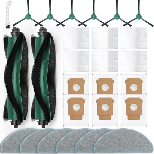 27 Pack Accessories Kit,Compatible with Roomba 104 / Q052 / 105 Vac / 105 Combo Robot Vacuum Cleaner Replacement Parts,2 Rubber Main Brush 6 Filters 6 Side Brushes 6 Vacuum Bags 6 Mop Pads