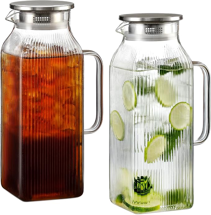 2 Pack 2 Liter/68 oz Square Glass Pitcher with Lid, Classic Stripes Water Pitchers with Handle for Fridge, Large Jug for Iced Tea, Coffee, Borosilicate Glass Carafe for Hot/Cold Brew Drink, Silver