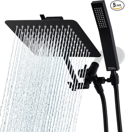 G-Promise All Metal 8 Inch Dual Square Shower Head with Handheld Spray Combo, Rain Shower Head, Adjustable Extension Arm, 3-Way Diverter, 71 Inch Extra Long Hose - A Bathroom Upgrade (Matte Black)