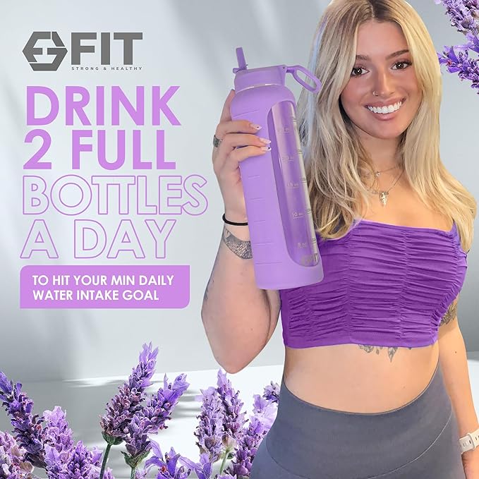 FIT Strong & Healthy 32 oz Glass Water Bottle with Straw Lid, Time Marker, Sleeve & Extra Lid - Motivational, Wide Mouth 1 Liter Glass Drinking Bottle