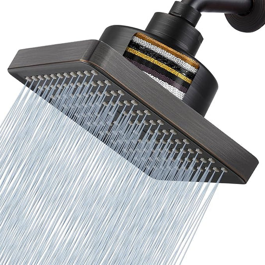 High Pressure Rain Shower Head with Filtered - 6" Square Showerhead Filter for Remove Chlorine and Harmful Substances, Improve Hair and Skin Problems, Oil Rubbed Bronze