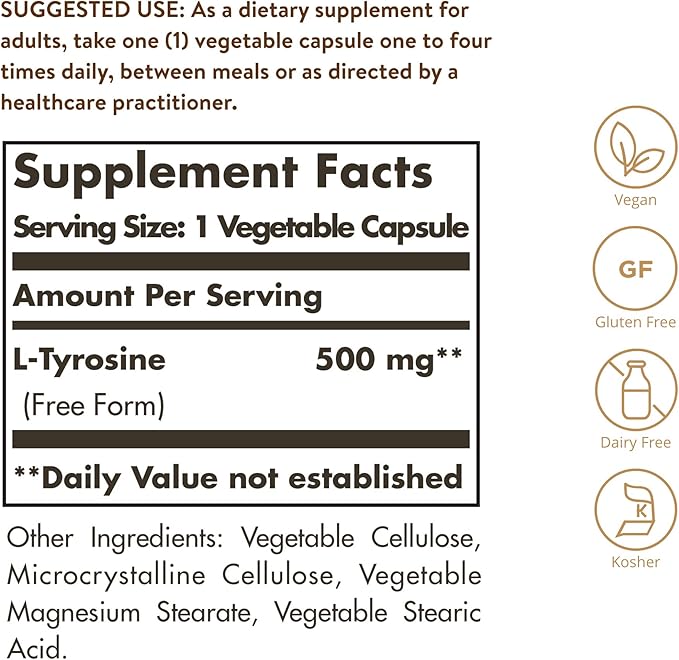 Solgar L-Tyrosine 500 mg, 100 Vegetable Capsules - Brain & Nervous System Support - Vegan, Gluten Free, Dairy Free, Kosher - 100 Servings ,Standard Packaging