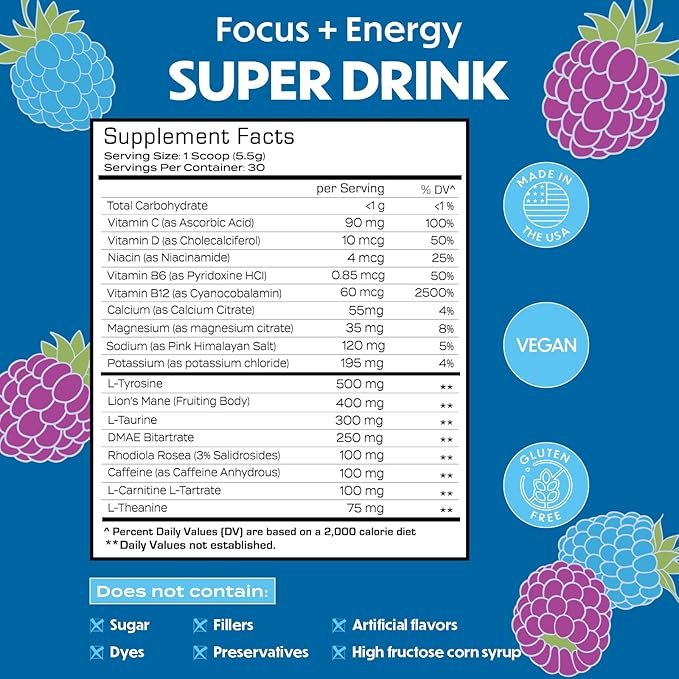Forgge Healthy Energy Drink Mix - Clean Caffeine + B12, B6, C & D Vitamins - Sugar Free Energy Drink Powder with Electrolytes, Amino Acids, Antioxidants, Lions Mane - Vegan, Keto-Friendly - 30 SVG, Blue Raspberry