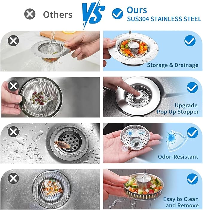2025 Upgraded 3-in-1 Kitchen Sink Drain Strainer Stopper |Rust-Proof Strainer Basket |Universal Fit for Standard 3.5" Drains |Anti-Clog&Odor Filter |Efficient Drainage (Stainless Steel, 4 PCS)
