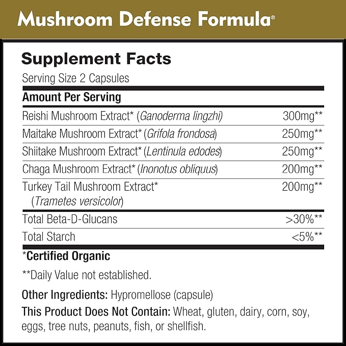 Mushroom Defense Formula - Immune Support Supplement | Organic Mushrooms, Hot Water Extracted - Reishi, Chaga, Maitake, Shiitake & Turkey Tail (90 Capsules)