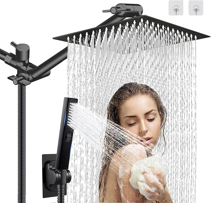 10" High Pressure Square Rainfall Shower Head and 2-in-1 Hand Shower,Rainfall Showerhead with 11" Shower Arm,Equipped with 78"Hose,Adhesive Shower Head Holder (Square Black Shower Head Set)