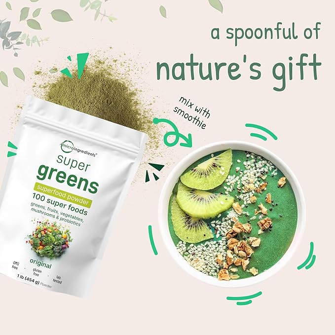 Micro Ingredients Super Greens Powder, 1lb | 100 Superfood Blend with Daily Greens, Fruits, Vegetables, Mushrooms & Probiotics | Source of Vegan Protein & Enzymes | Non-GMO, Gluten-Free, No Additives