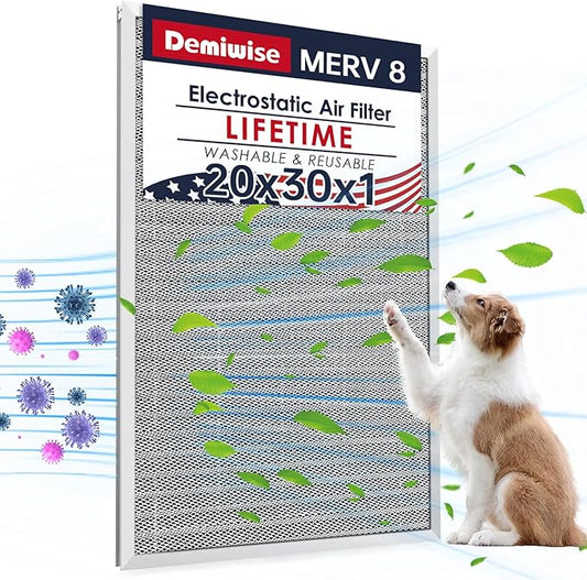 20x30x1 Electrostatic Air Filter, MERV 8 Reusable & Washable Aluminum AC/HVAC Furnace Filter Replacement, Permanent Air Filter, Lasts a Lifetime (Actual Size:19.72"x29.59"x0.82")