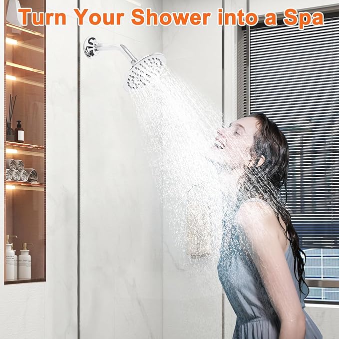 6 Inch Round Rainfall Shower Head with Stainless Steel Arm High Pressure Water Saving Anti-Clog Nozzles Easy Install for Bathroom/Bathtub (Round, Chrome)