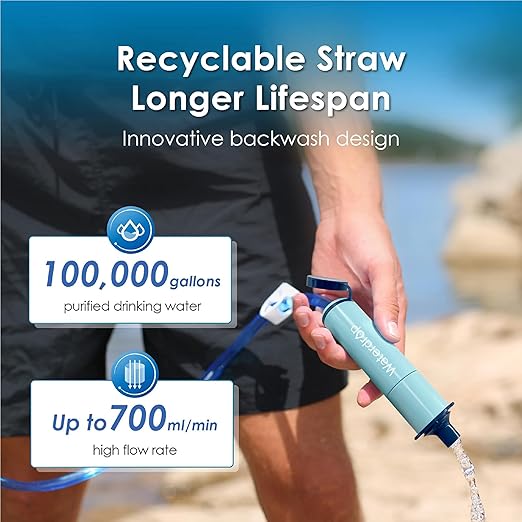 Waterdrop Gravity Water Filter Straw, Camping Water Filtration System, Water Purifier Survival for Travel, Backpacking and Emergency Preparedness, 1.5 gal Bag, 0.1 Micron, Light Blue
