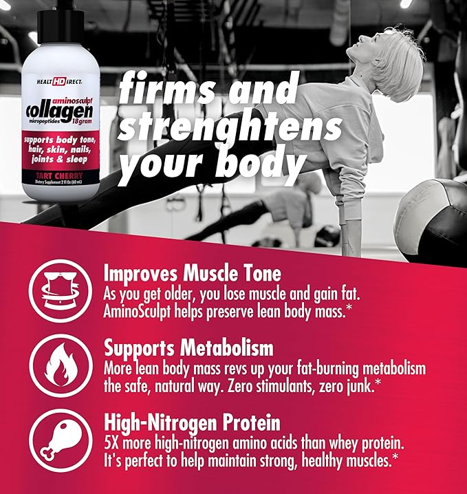 HEALTH DIRECT – Medical-Grade Liquid Collagen Shots – AminoSculpt Sugar-Free – Tart Cherry – 12 Servings, (12pk, 2oz Shots) – Good for Joints, Bones, & Sleep – Better Hair, Skin & Nails