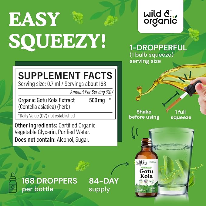 Wild & Organic Gotu Kola Extract Drops - Brain Support with Centella Asiatica Extract - Liquid Gotu Kola Supplement for Focus - Vegan, Sugar & Alcohol-Free Herb Tincture - 4 fl oz