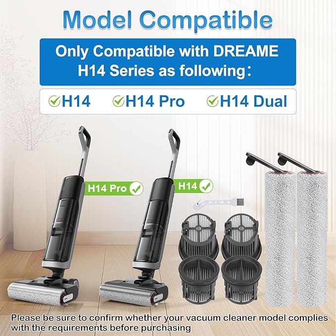 Roller Brush and Filter Replacement Compatible with Dreame H14, H14 Pro Vacuum Cleaner, Replaces Part Include 2 Rollers and 4 Hepa Filters