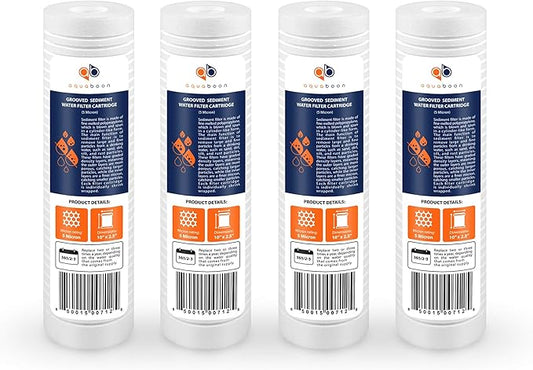 Aquaboon 5 Micron 10 x 2.5 Grooved Sediment Water Filter Replacement for Whole House Filter Cartridge Compatible with AP110, WHKF-GD05, CFS110, 4-Pack