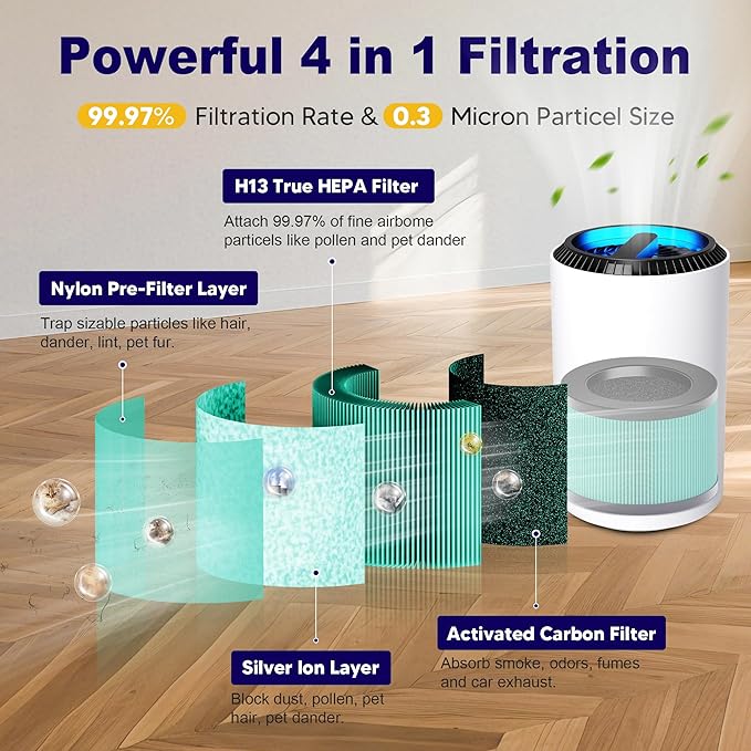 MK01 & MK06 True HEPA Filter Replacement Compatible with Aroeve MK01, MK06, ToLife TZ-K1 and Kloudi DH-JH01 Air Purifier, Pet Dander Version, Green, 4 Pack