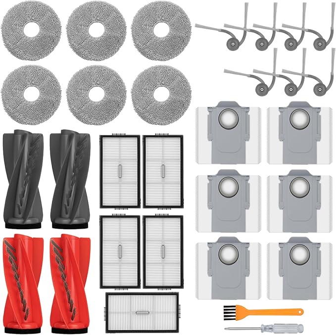 28 Pack Replacement Parts Compatible with Roborock Saros10R Robot Vacuum Cleaner,Parts Include:2 Dual Main Brush,7 Side Brush,5 HEPA Filter,6 Mop Cloth,6 Dust Bag,1 Cleaning Tool&1 Screwdrive
