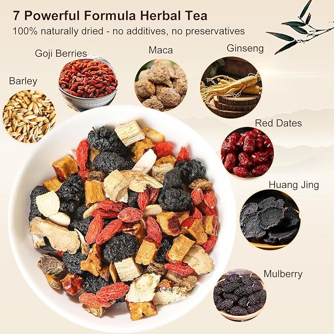 Ginseng Six Treasure Tea, Natural Traditional Chinese Tea 7 Ingredient Formula Ginseng Five Treasures with Wolfberry, Red Date Ginsengs and Mulberry Herbal Blend TeaBags for Women Men (70 Bags/1 Pack)