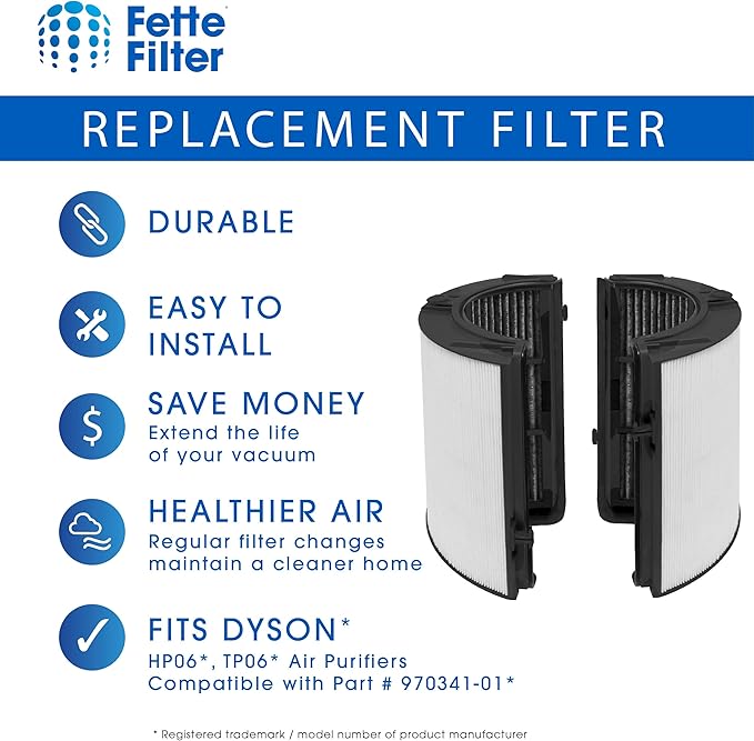 Fette Filter - 2 Premium Combi 360 Glass True Hepa Filter Compatible with Dyson Pure Air Purifier Model PH01 PH02 PH03 PH3A PH04 TP06 HP06 TP07 HP07 TP7A TP09 HP09 TP10 HP10 HP4B. 970341-01 965432-01