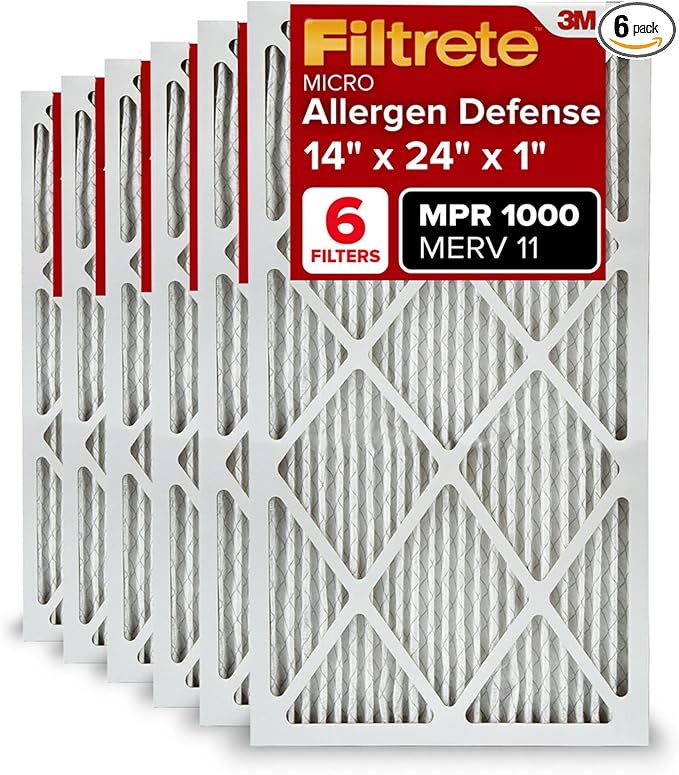 Filtrete 14x24x1 AC Furnace Air Filter, MERV 11, MPR 1000, Micro Allergen Defense, 3-Month Pleated 1-Inch Electrostatic Air Cleaning Filter, 6 Pack (Actual Size 13.81x23.81x0.81 in)