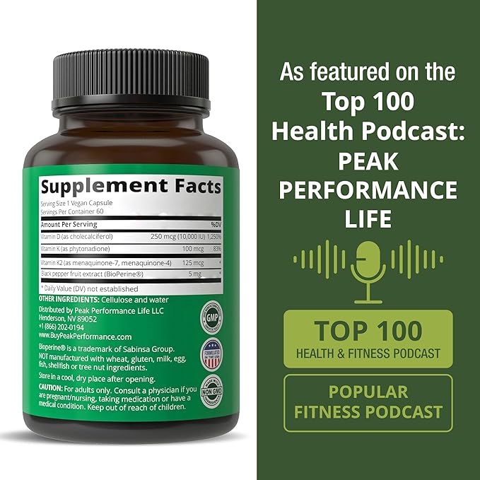 Peak Performance Advanced Vitamin D 10000 IU with All 3 Types of Vitamin K Capsules 10,000 IU Vitamin D3 and Vitamin K2, K1, MK-7 (MK7), MK4 Supplement. 60 Small and Easy to Swallow Pills