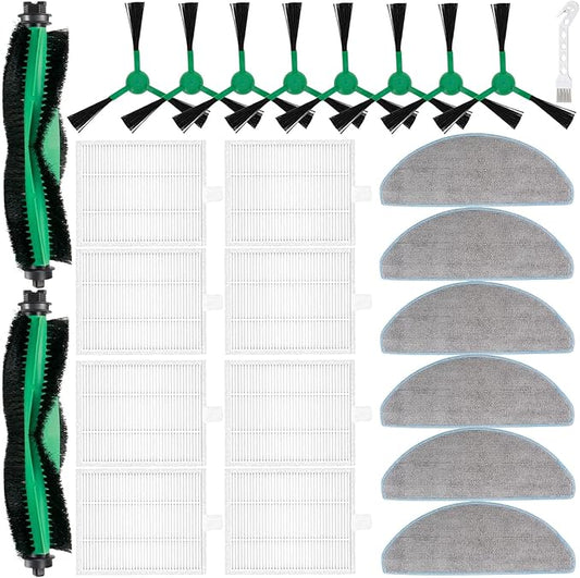 Replacement Parts Accessories for iRobot Roomba Combo Essential Vac 2 Vac 104/105 Y0110 Y0112 Y0140 Q0120 Q052 Robot Vacuum 2 Main Brush Rollers, 8 Filters, 8 Side Brushes, 6 Mop Pads