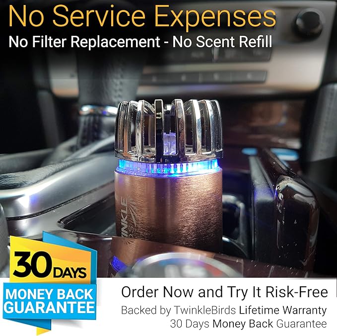 Car Air Purifier Ionizer - 12V Plug-in Ionic Anti-Microbial Car Deodorizer with Dual USB Charger - Smoke Smell, Pet and Food Odors, Allergens, Viruses Eliminator for Car (Matte Copper)