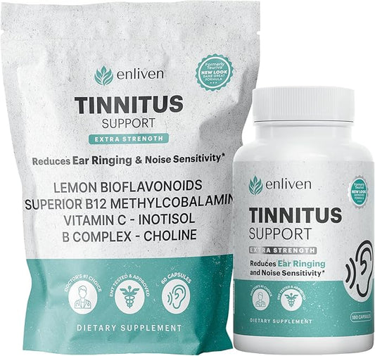 Tinnitus Relief Pills for Ringing Ears & Ear Health | Extra Strength Tinnitus Supplement with Bioflavonoids, B12 & Inositol | Supports Sleep, Focus & Auditory Clarity | 60 Caplets | 2 Daily Dose
