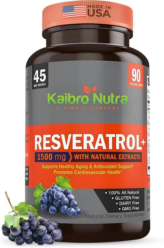 Kaibro Nutra Resveratrol 1500mg per Serving of Organic Trans-Resveratrol & Potent Antioxidants, Pure Extra Strength Complex, Anti-Aging, Radiant Skin and Immunity Support- 45 Day Supply