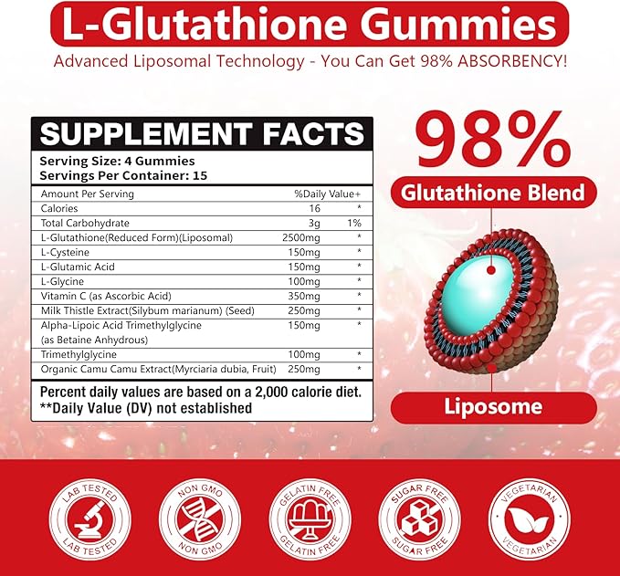 Extra Powerful 2500MG Liposomal Glutathione Gummies for skin whitening,Enhance 98% Absorption-Complex L-Cysteine,L-Glycine,Milk Thistle for Support Liver Function, Antioxidant for Aging Alleviation