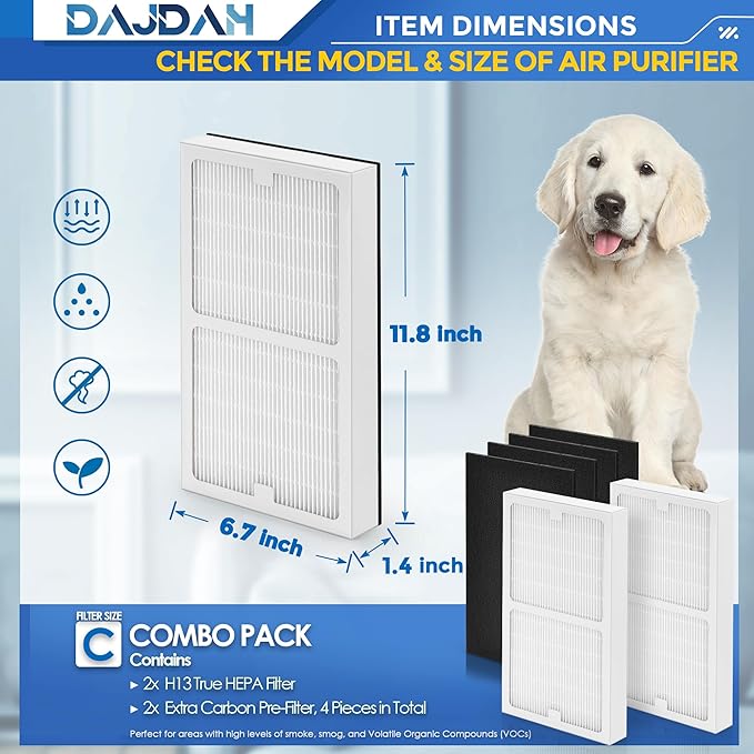 Idylis Air Purifier Replacement Filter C for Idylis Air Purifier IAP-10-200 IAP10200 [C+C] IAP-10-280 IAP10280 [C+D] and LOWESRAPF-C-4 with Idylis Air Filters IAF-H-100C, 2 HEPA & 4 Carbon Pre-filter