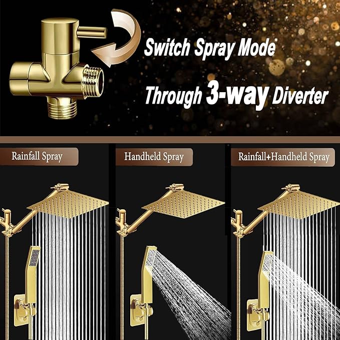 10'' Square Rain Shower Heads with Handheld, High Pressure Shower Head Combo with 11'' Adjustable Extension Arm, All Metal Shower Wand with 78'' Anti-Leak Shower Hose, 3 Way Diverter Valve, Gold