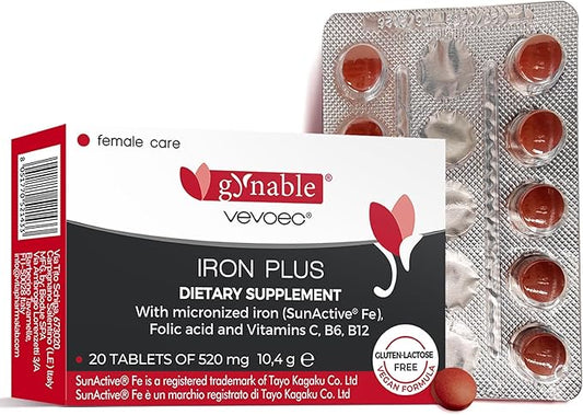 Gentle Iron Supplement for Women Anemia: Slow Release Iron Pills Clinically Shown to Support Increase Iron for Pregnant Patented SunActive Tech, with Folic Acid, B12, Vitamin C & B6, 18 mg, 20 Tablets