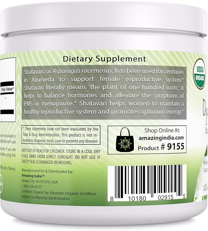 Amazing India USDA Certified Organic Shatavari Powder | 2 Grams | 227 Servings | Non-GMO | Gluten-Free | Made in USA