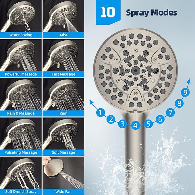 Hibbent All Metal Shower Head, 10'' High Pressure Rainfall Shower Head/Handheld Showerhead Combo/ 12'' Adjustable Curved Shower Extension Arm, 10-Spray, 71'' Hose, Showerhead Holder, Brushed Nickel