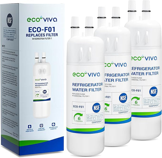 Ecoviva W10295370A Water Filter Replacement, Compatible with Everydrop® EDR1RXD1, EDR1RXD1B, W10295370, Filter 1, WHR1RXD1, KAD1RXD1, P4RFKB2, P8RFWB2L,Kenmore® 46-9930, 46-9081, Pack of 3