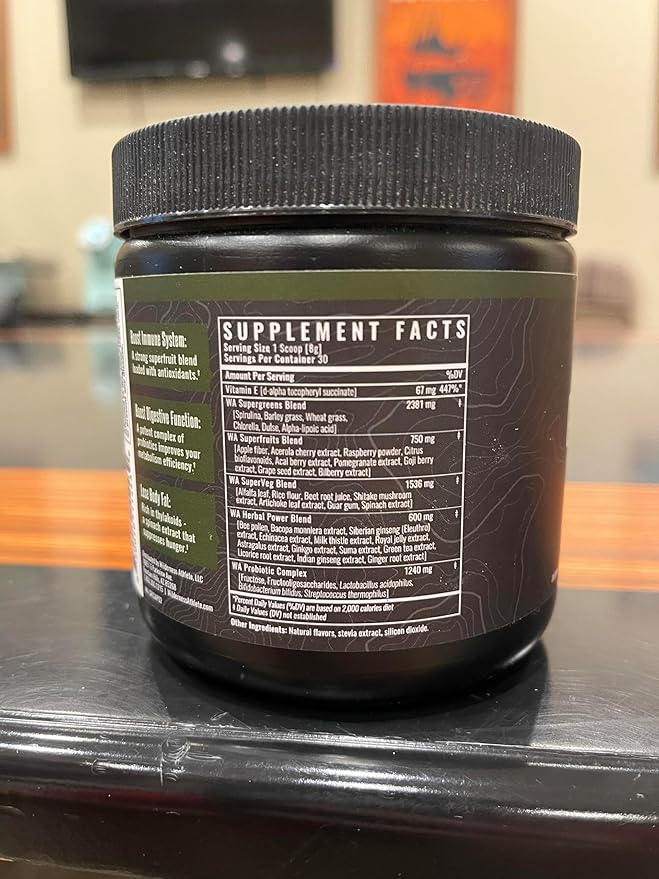 Wilderness Athlete Green Infusion, Supergreen Superfood Power Greens Powder, Wheatgrass Powder with Astragalus Root, Green Tea Extract, & Chlorella, (Strawberry Acaí Passionfruit), 8.5 Oz