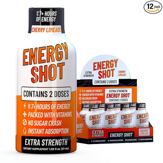 Energy Shot – 2 Servings – 100% DV B-Vitamins & 130mg Plant-Based Caffeine – Zero Calories, Sugar-Free, Vegan, Non-GMO – Energy & Productivity Support (1.93 Fl Oz (Pack of 8), Cherry Limeade)