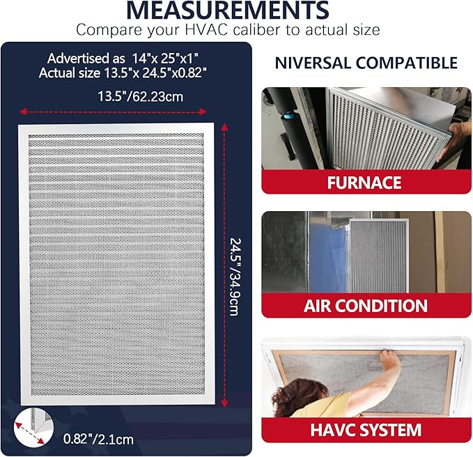 14x25x1 Electrostatic Air Filter, 8 Stage Washable Aluminum AC/HVAC Furnace Filter, Reusable Lifetime Permanent Air Filter, Easy to Clean,Increases Airflow(Actual Size:13.50x24.50x0.82)