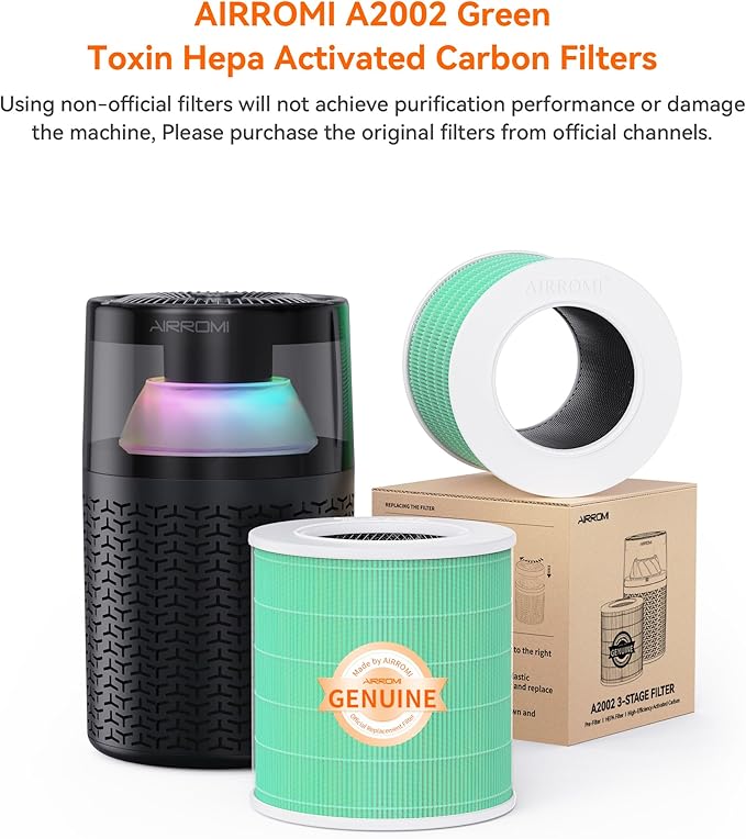AIRROMI A2002 HEPA Air Purifier Replacement Filter, 3-In-1 Original Filter, Remove 99.97% of 0.3 Micron Particle Green Vocs (1pcs)